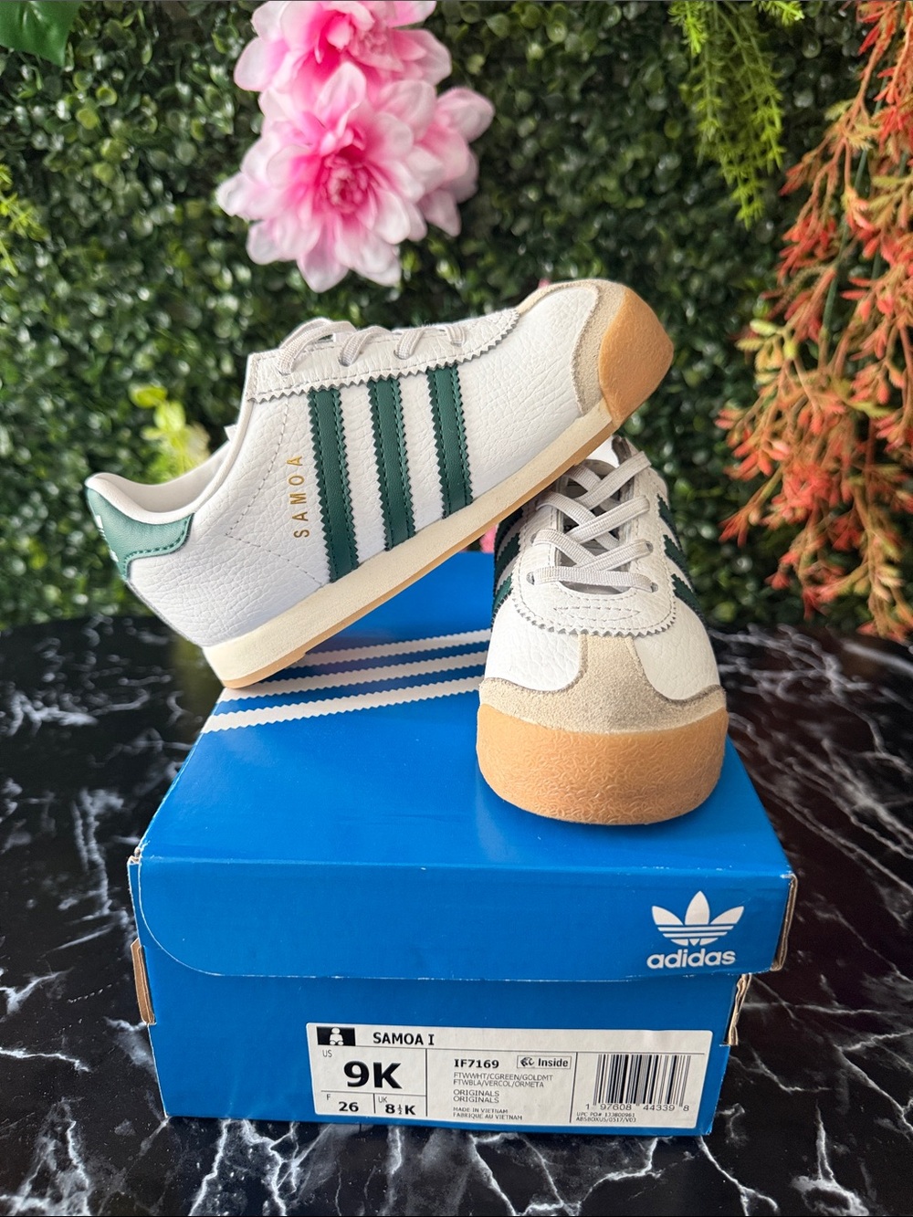 adidas Kids Samoa Sneakers in White, Green, and Gum